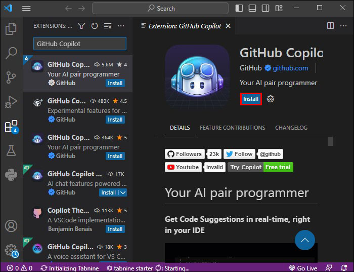 vscode extension panel to install github