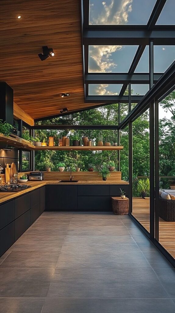 Summer house kitchen with black and light wood…