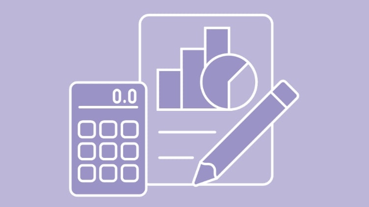 Illustration of a calculator, pencil and graphs depicting a budget